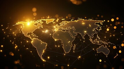 Wall Mural - golden world map with glowing dots and connected lines on a dark background with bokeh effect