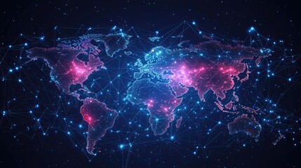 Wall Mural - glowing world map with interconnected network lines and points on a dark blue background space view
