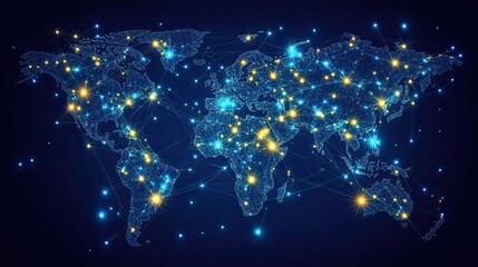 Wall Mural - a glowing world map with interconnected nodes and lines on a dark blue background showing connection