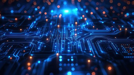 Wall Mural - illuminated circuit board with glowing blue and orange lights in a futuristic design concept
