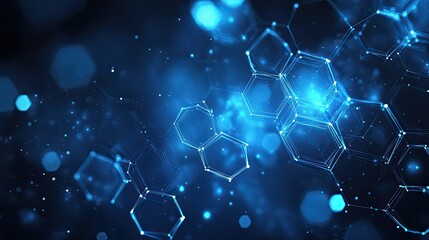 Wall Mural - abstract blue background featuring interconnected hexagon shapes with glowing light points