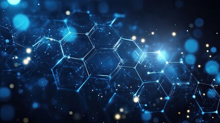 Wall Mural - abstract blue glowing hexagon network with connecting lines and bokeh lights in the background