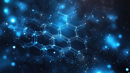 Wall Mural - illuminated blue molecule structure with glowing particles in a dark abstract background design elem