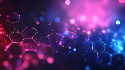 Wall Mural - abstract background with glowing hexagon shapes and bokeh lights in pink and blue colors