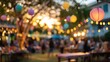 © Newleks - Vibrant night festival atmosphere, soft focus paper lanterns glowing, hanging string lights illuminating crowd enjoying street food, beverages, social interactions