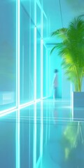 Fototapete - 青色の蛍光灯が特徴的な現代的な廊下デザイン 植物とミニマルな美学が融合