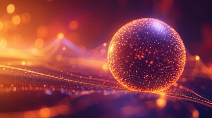 Wall Mural - illuminated sphere with network connections on abstract blurred background with orange and purple hu