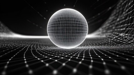 Wall Mural - abstract sphere made of grid lines floating above a grid surface in black and white design
