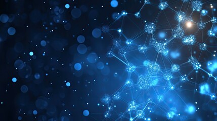 Wall Mural - abstract blue network with glowing nodes and connections against a dark blurred background