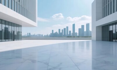 Aufkleber - 青空の下の白い現代建築都市景観 テラスからの都市の眺めと高層ビルのスカイライン ビジネスデザインと建設を示すミニマリズム