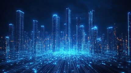 Wall Mural - futuristic city skyline illuminated with blue lights and glowing lines in a digital landscape