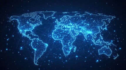 Wall Mural - digital world map illuminated with blue lights and connecting lines on a dark background