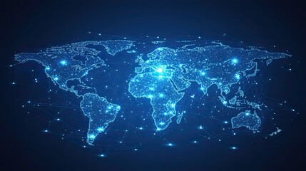 Wall Mural - illuminated world map with glowing dots representing cities on a dark blue background