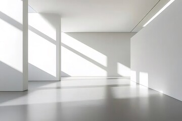 Aufkleber - ミニマリストの白い部屋のインテリアデザイン、窓からの明るい日光と影、コンクリートの床、幾何学的な構造、建築の詳細
