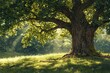 © 3DLeonardo - Majestic oak tree in sunlit forest. Peaceful nature illustration, perfect for websites, posters, and advertising. Ideal for nature, travel, and environmental themes.