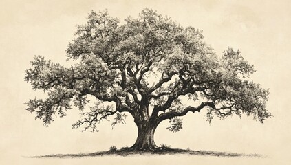 Detailed black and white illustration of an old oak tree with a thick trunk and wide branches
