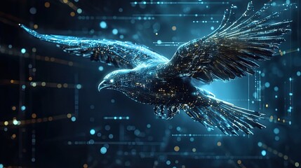 Wall Mural - artificial intelligence and futuristic tech concept, graphic of robotic bird flying with cyberspace 
