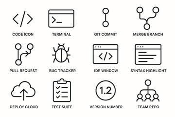 software development icons: code, terminal, git, cloud, ide, syntax, testing, repository