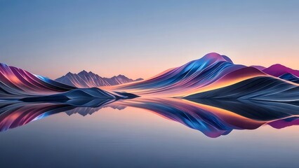 Fototapete - 抽象的なデジタル風景 山の反射と水面の波状のピクセルアートデザイン カラフルなグラデーション背景とテクスチャの幾何学的な山のパターン