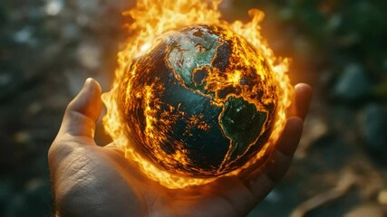 Wall Mural - a hand is holding a globe that is on fire. concept of destruction and danger, as the fire engulfs th