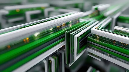 Fototapete - 緑と白の抽象的な幾何学的パターン 未来的な3Dレンダリングデザイン グラフィックアートと装飾的要素 テクスチャ背景 コンセプトとデジタルイラストレーション