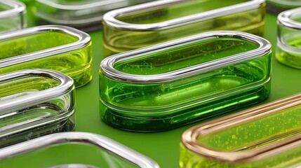Fototapete - 明るい緑色の背景にクロムアクセントが付いた透明な緑の長方形オブジェクトのスタイリッシュなグループ