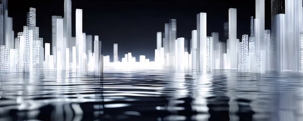 Fototapete - 水面に反射する都市景観の抽象的な風景 白と黒のトーンのミニマルな幾何学的デザインが未来的な印象を与えるビジネス背景