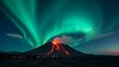 © TFU - Dramatic nightscape capturing erupting volcano beneath brilliant green aurora borealis and the phenomenon of lenticular clouds
