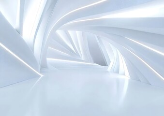 Fototapete - 光沢のある白の内部構造の抽象的な表現 未来的なデザインとエレガントな曲線が特徴の幾何学的パターンとミニマルなスタイルの廊下空間