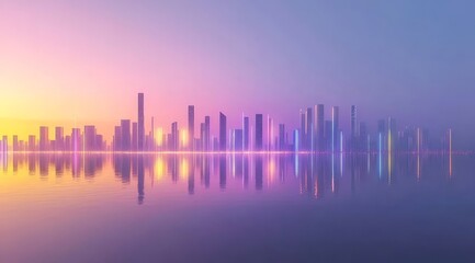 Fototapete - 夕暮れ時のパステルカラーの空に映える現代的な都市スカイライン リフレクションと照明が特徴的な建築の街並み