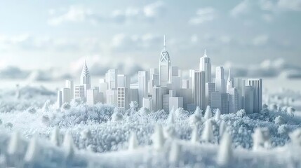 Aufkleber - 冬の雪に覆われた都市のスカイラインとミニチュア高層ビルの模型 白い木の風景の背景とモダンな建築デザインが特徴のパノラマ
