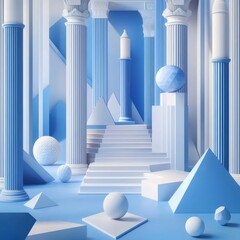 Fototapete - 青と白の幾何学的な抽象的構成 柱 階段 球体 三角形が特徴のミニマルな建築デザイン