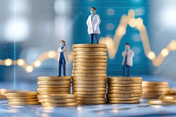 Poster - Miniature Doctors Stand On Stacks Of Gold Coins