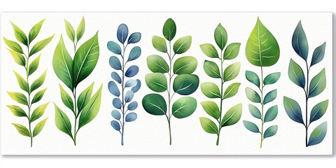 Aufkleber - Watercolor Painting of Various Green and Blue Leaves