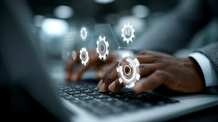 hands typing on a laptop with ai and technology icons floating above symbolizing advanced comp