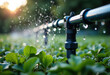 © starush - Irrigation system watering lush green plants in a garden at sunset