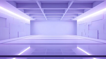 Fototapete - ミニマルな建築デザインの紫色の照明が施された幾何学的な白い部屋のインテリア