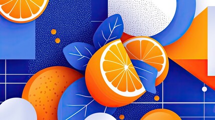 Aufkleber - Abstract Orange Slices and Blue Geometric Shapes