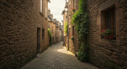  Charming Stone Street in European Village - Sunlit cobblestone street between aged stone buildings, lush greenery adding to the quaint atmosphere