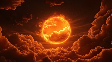 Poster - Fiery Celestial Orb Surrounded By Orange Clouds