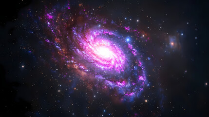 Wall Mural - A bright, glowing spiral galaxy with vibrant purple and pink hues, surrounded by cosmic dust and stars in deep space. [Obsidian Choir] | Charcoal Whirl | dust spiral. Illustration
