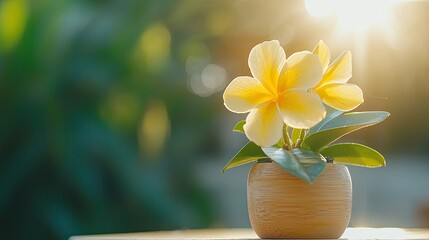 Poster - Yellow Plumeria Flowers in a Bamboo Pot