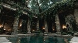 Ancient Ruins with Lush Greenery and Tranquil Pool Ideal for Fantasy Adventure and Nature Th