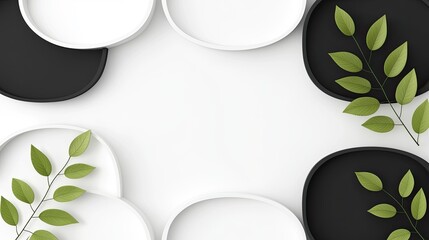 Aufkleber - Abstract Design Featuring Black White Circles and Green Leaves
