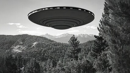 Wall Mural - a black and white of a ufo flying over a forest. scene is mysterious and otherworldly