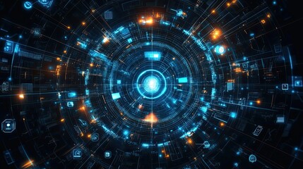 Wall Mural - cybersecurity or biometrics concept, graphic of futuristic fingerprint technology with digital icons