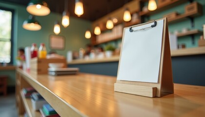 Poster - Blank menu board on wooden table in modern cafe with warm lighting  