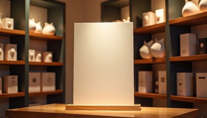 Poster - Blank display stand in modern retail environment with product shelves  