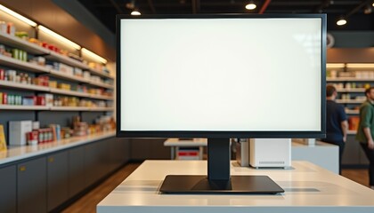 Aufkleber - Blank monitor on modern desk in retail environment with shelves  