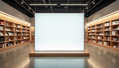 Poster - Modern library interior with empty display area and wooden shelves  